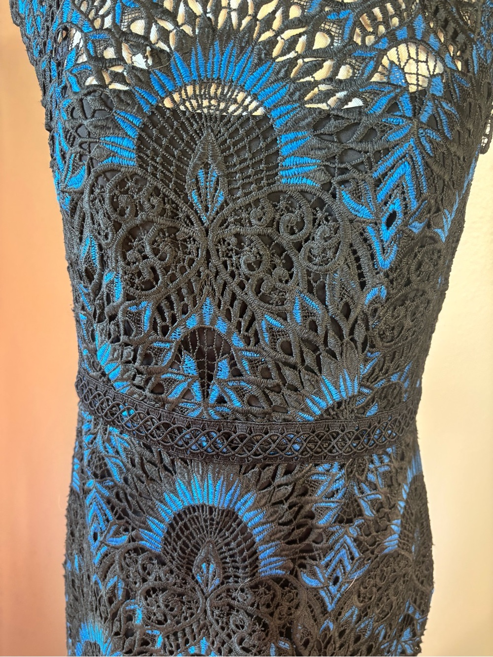 Shoshanna Black Lace Maxi Dress with Blue Underlay - Picture 4 of 7